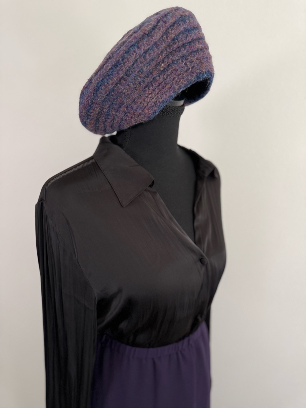 Handmade Wool Beret Purple Blue Spiral Knit Tam Slouch Hat